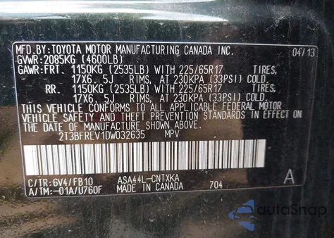 2013 Toyota Rav4 Le from USA, damaged, VIN 2T3BFREV1DW032635